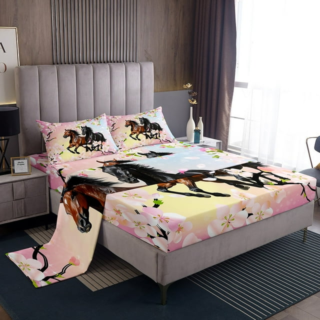 Erosebridal Ensembles de Draps Grand 3D Cheval, Literie Grand Fleurs de Cerisier Roses, Déco Rustique Animale, 4 Pcs