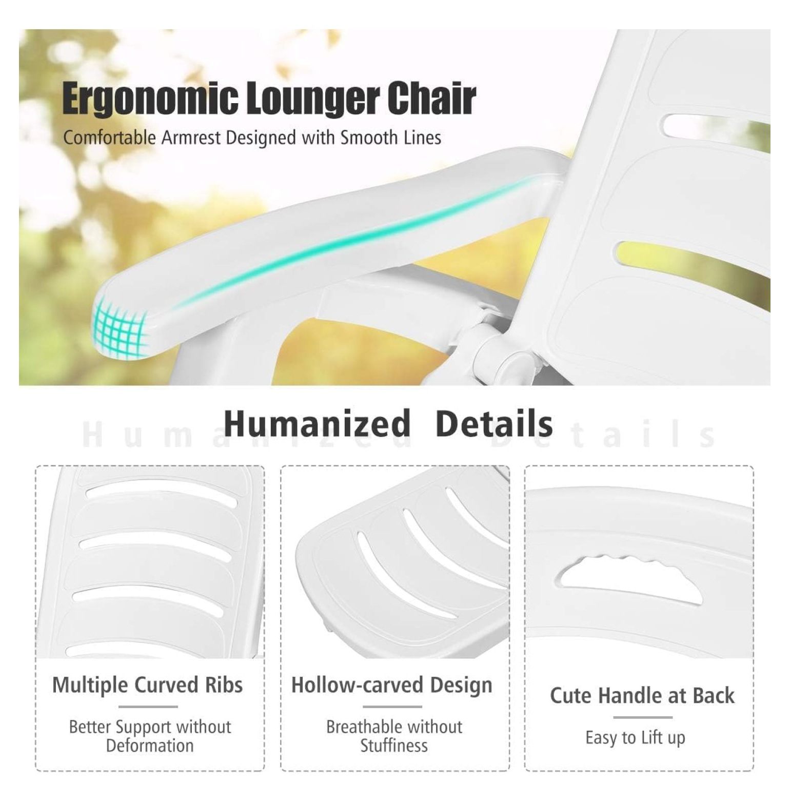 Moccha Plastic Folding Lounge Chair, 5-Position Adjustable Chaise Lounge with 2 Rolling Wheels, Armrest, Outdoor Chaise Chair for Patio, Beach, Backyard, Poolside, Home (1, White)