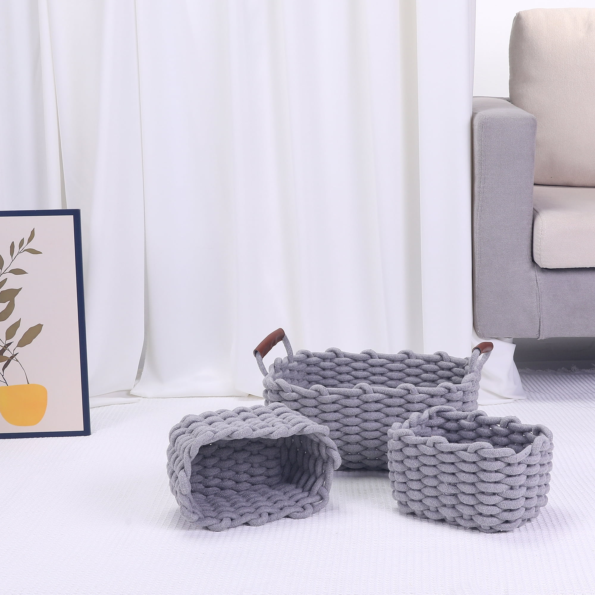 Unique Bargains Woven Storage Basket Shelf Storage Bin with Handle for Key Tray Bowl Grey
