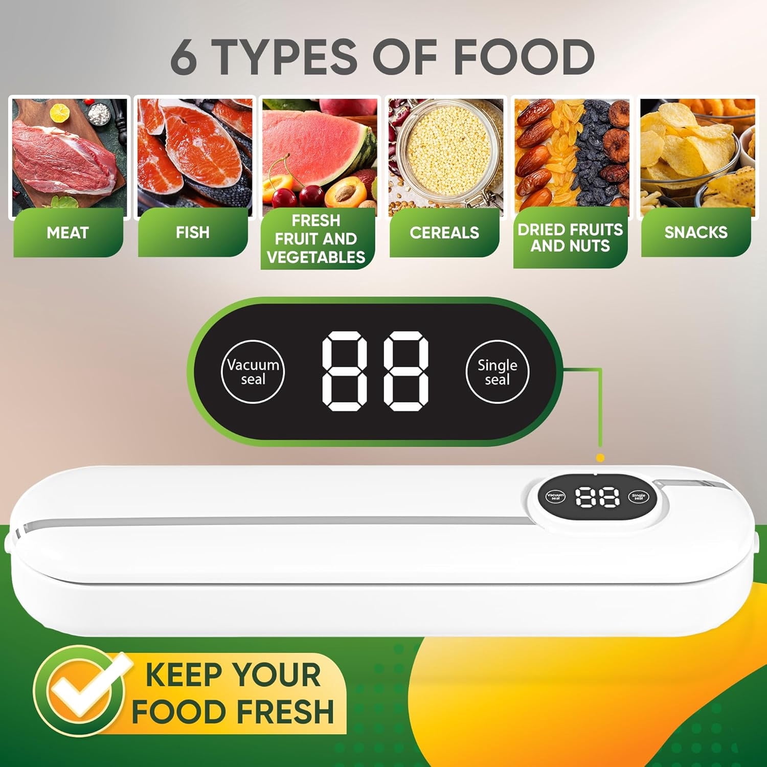 LC-dolida Multifunctional Vacuum Sealer, 60 kPa Food Vacuum Sealer Machine with LED Display & 10 Sealing Bags, 3 Sealing Modes One-click Operation Powerful Suction for Dry and Moist Food（White）