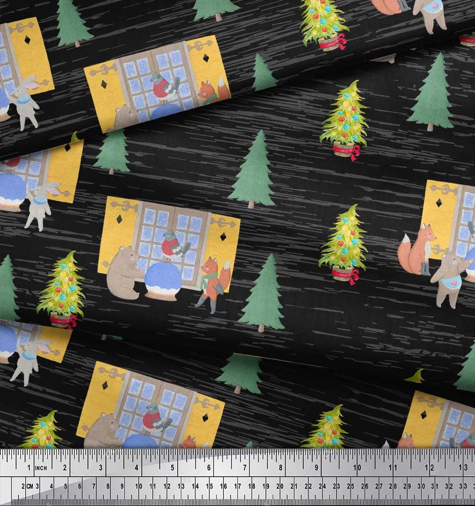 Soimoi Black Velvet Fabric House,Animals & Tree Christmas Decor Fabric Printed Yard 58 Inch Wide