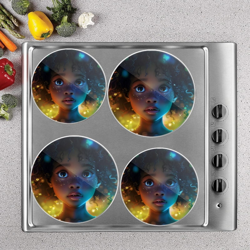 BaHomeck Electric Stove Burner Covers Set of 4,Round Metal Gas Stove Burner Covers 8 Inch and 10 Inch,Kitchen Decor,Beautiful YoungGirl With Big Eyes And Curly Hair