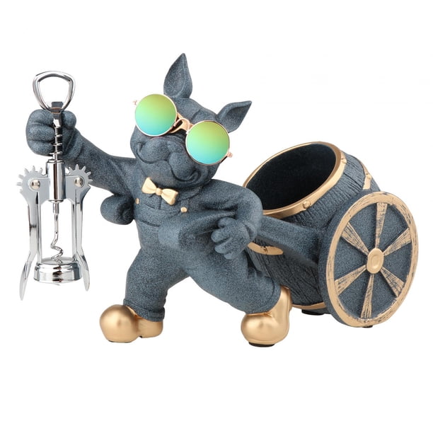 Escultura de Bulldog para botella de vino, adorno de mesa para mesa de comedor y escritorio. Azul