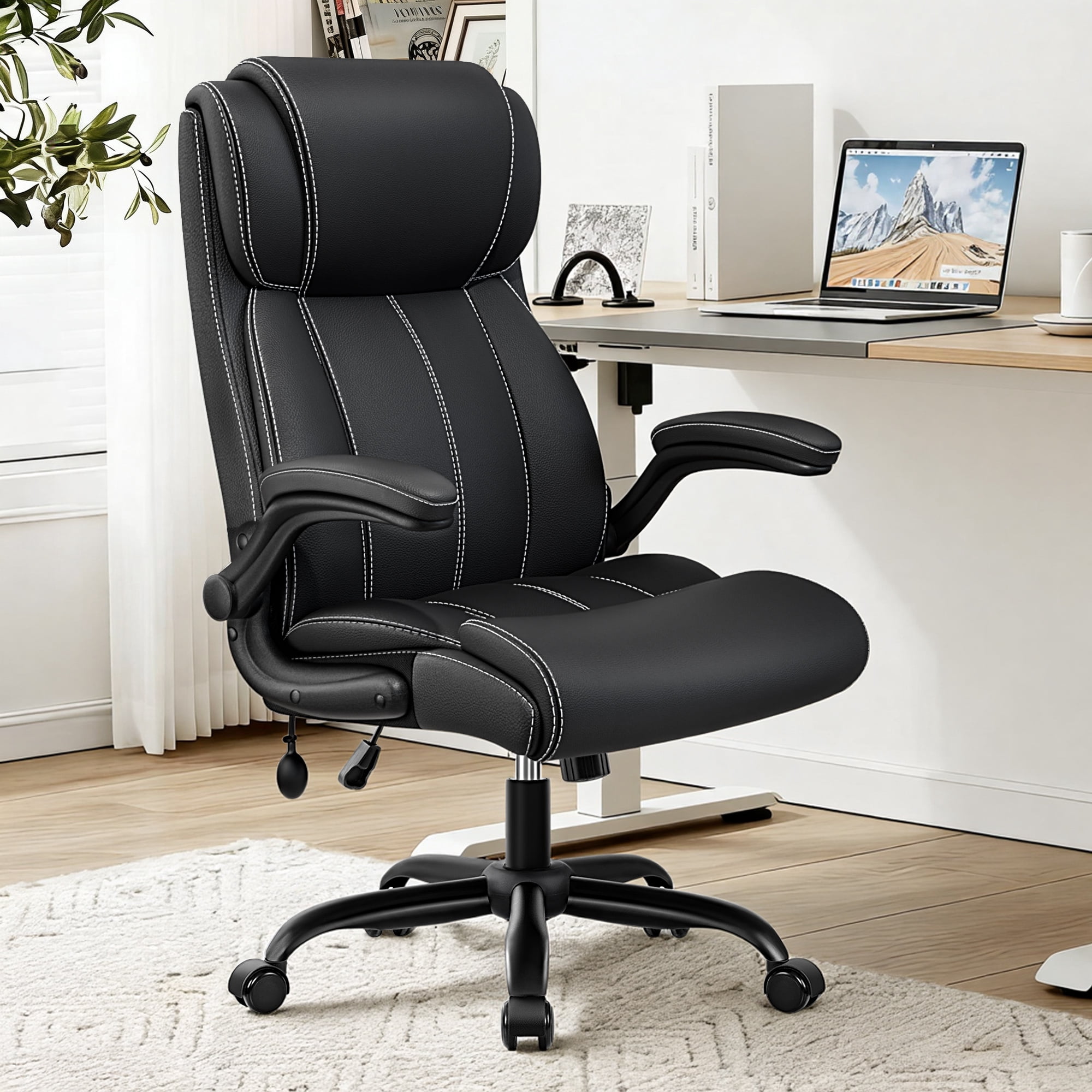 Primy Ergonomic Office Chair with Adjustable Air Lumbar, Home Desk Computer Chair, Leather High-Back Executive Chairs with Flip-Up Arms, Rocking Swivel Comfort