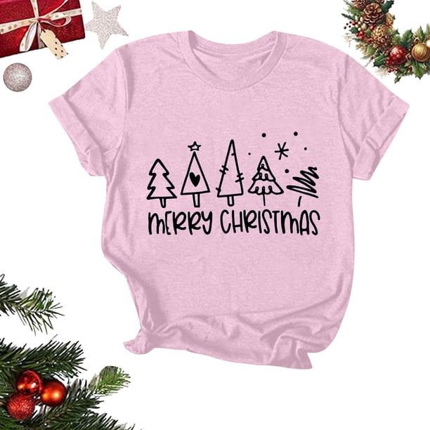 Puntoco Camiseta de manga corta con cuello redondo y estampado navideño para mujer Camiseta de manga corta con cuello redondo