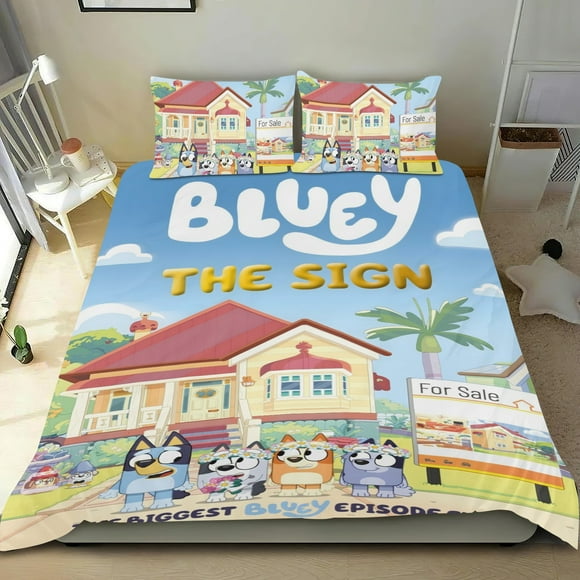 Bluey Conjunto de sábanas temático, trío de piezas, cómodo y amigable con la piel, diseño único, regalo de decoración para el hogar para familiares, amigos y fans, 90 cm * 190 cm