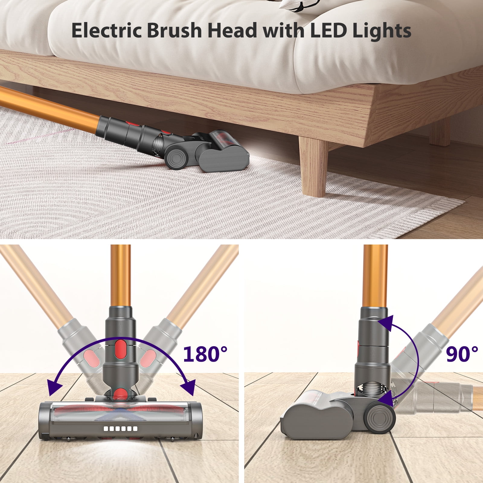 ORFELD Cordless Vacuum Cleaner with 2600mAh Detachable Battery, 45Kpa Powerful Stick Vacuum for Hard Floor Carpet Pet Gold, SV30