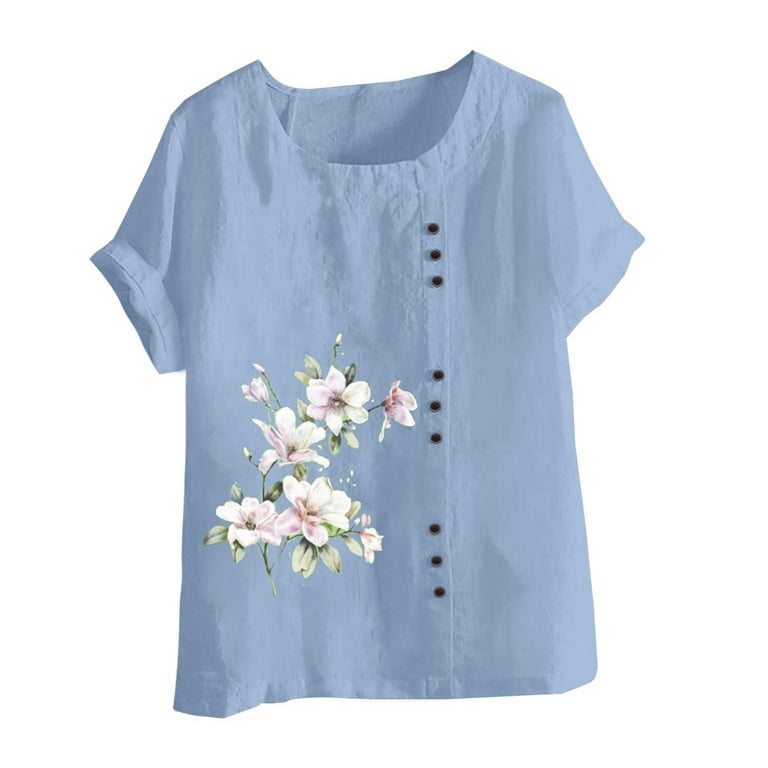QENGING Womens Clothes Tops Fit Casual Round Neck Short Sleeve Flower  Graphic Printing Loose Shirt Tops Light Blue 4XL Summer Clearance