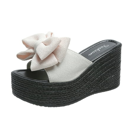 

Jsezml Womens Bowknot Slides Fashion Platform Wedges Heeled Sandals Peep Toe Slip On Summer Beach Dress Slippers Shoes