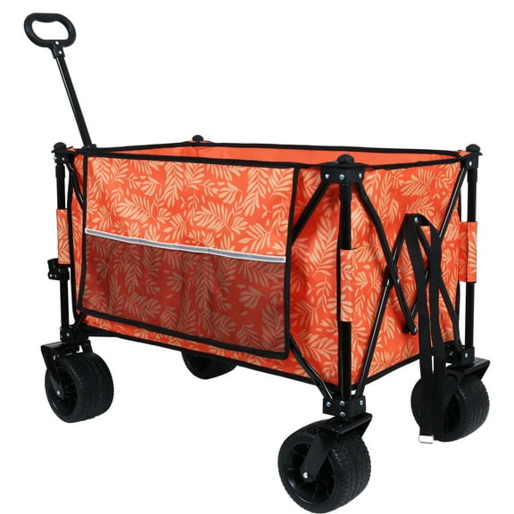 Collapsible Foldable Extended Wagon with 480Lbs Weight Capacity, Heavy Duty Folding Utility Garden Cart with Big All-Terrain Beach Wheels & Drink Holders,Side Pocket and Brakes for Camping Sports