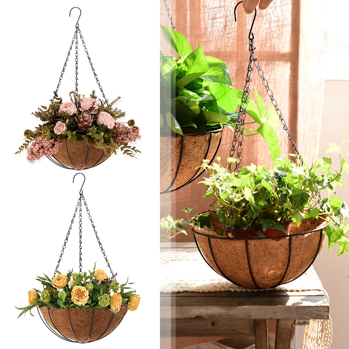 14 Inch Coconut Flowerpots Basket Hanging Planter for Balcony Wall Decoration 