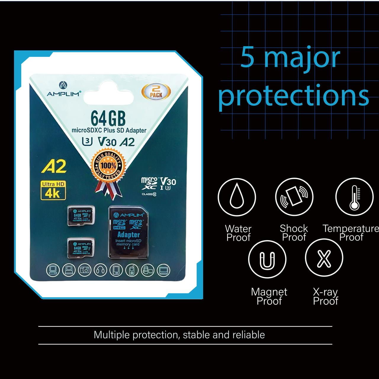 Amplim Micro SD Card 64GB | MicroSD Memory Plus Adapter | A2 MicroSDXC U3 Class 10 V30 UHS-I for GoPro Hero, Surface, Phone, Camera Cam, Tablet | Green 2 Pack
