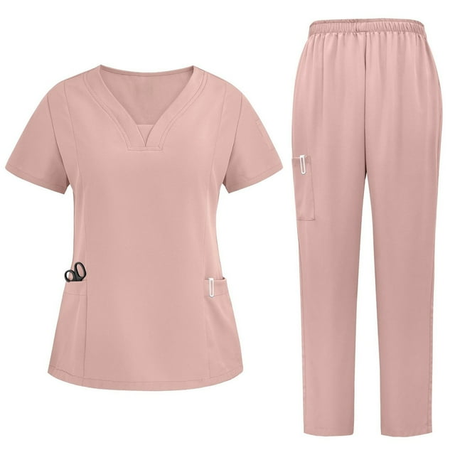 GreatBaby Ladies' Pocket Short Sleeve Nurse Work Clothes Split Set Stretch Spring Summer Lightweight Breathable Loose Hand Washing Clothes(Pink,XL)
