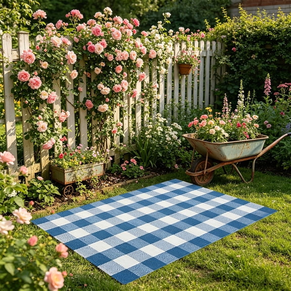 Spring Plaid Rug,15.7x23.6in Cotton Blend Layered Doormat Rug for Front Door,Hand-Woven Washable Entryway & Porch Decor(Blue)