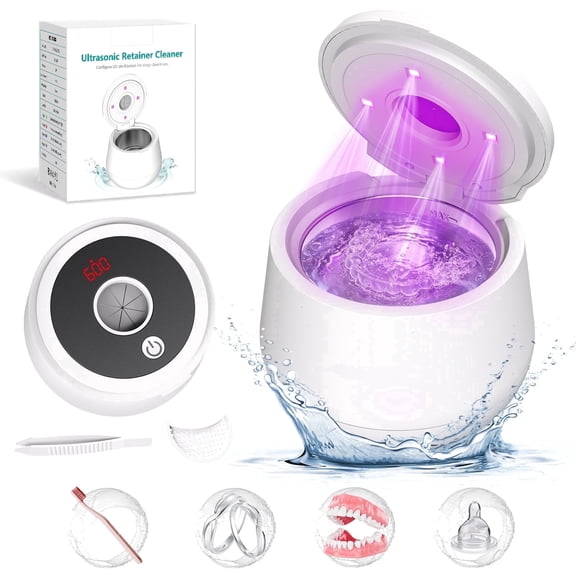 Ultrasonic Retainer Cleaner Machine, 45kHz Dental Cleaning Pod with Digital Timer & 4 Modes, 200ML Capacity for Denture, Mouth Guard, Aligner, Night Guard, Braces, Toothbrush Head & Jewelry