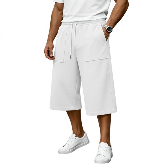 Domuza Capri Pants For MenElastic Waist Drawstring Baggy Sweat Shorts Below Knee 3/4 Pants with Pockets White XL