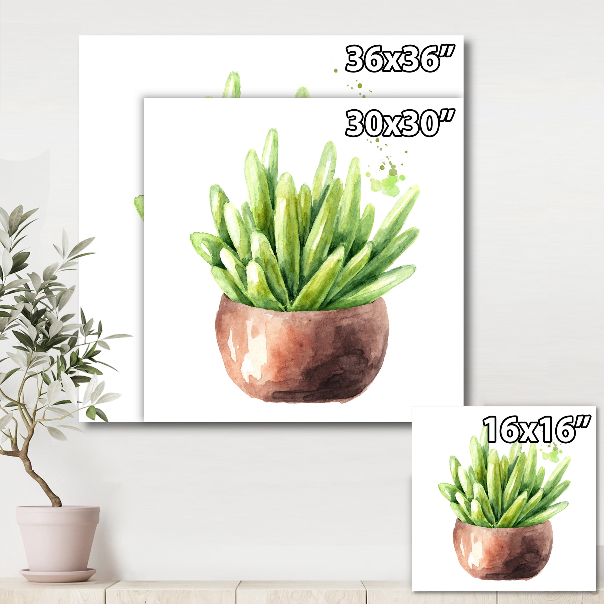 Succulent Flower In Terracotta Clay pot I 36 in x 36 in Painting Canvas Art Print, by Designart