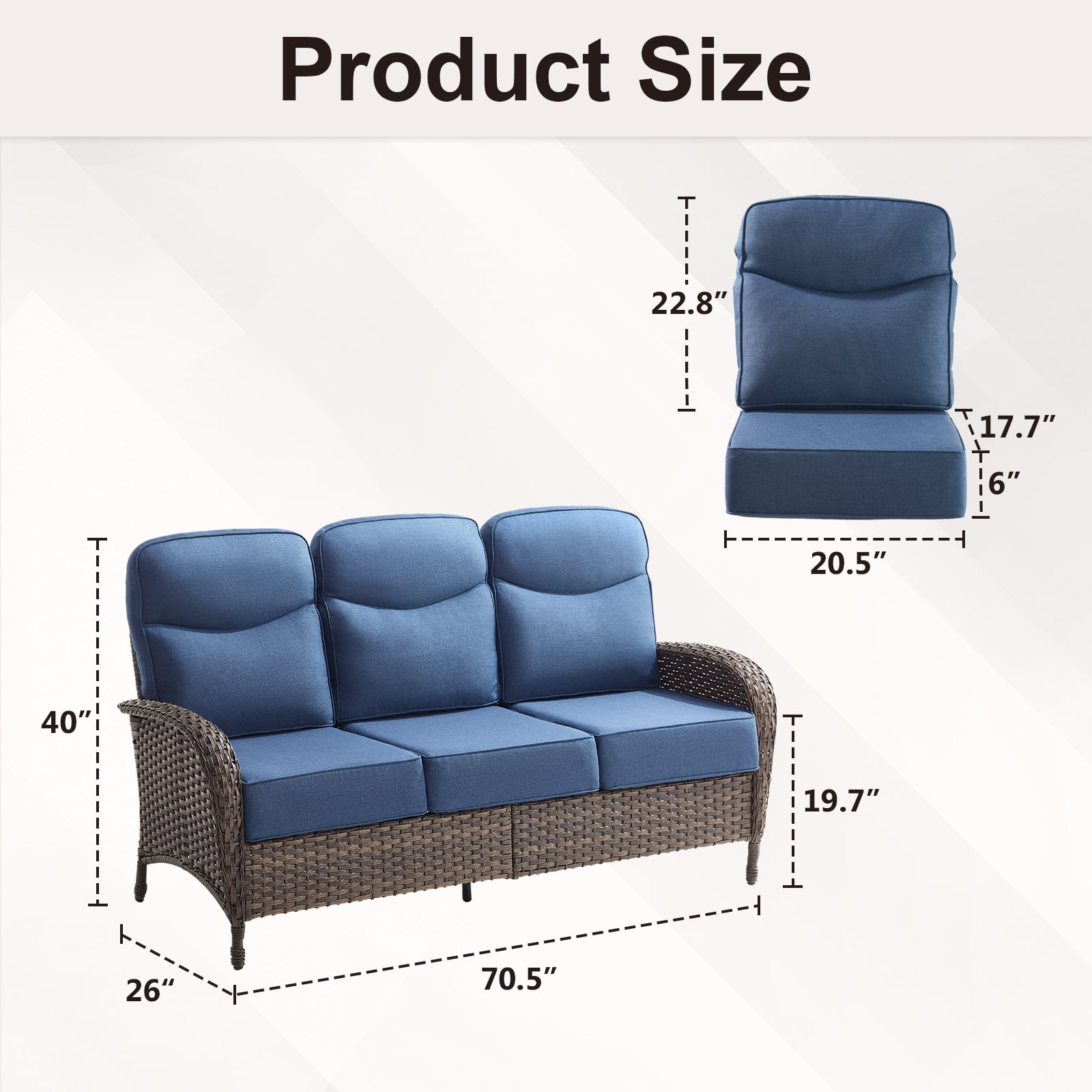 POCASSY 6-Inch Thick Cushion High Back Outdoor Wicker Patio Sofa, All Weather Brown Wicker Furniture 3-Seater Sofa Patio Couch for Porch Balcony Deck, Blue Cushion