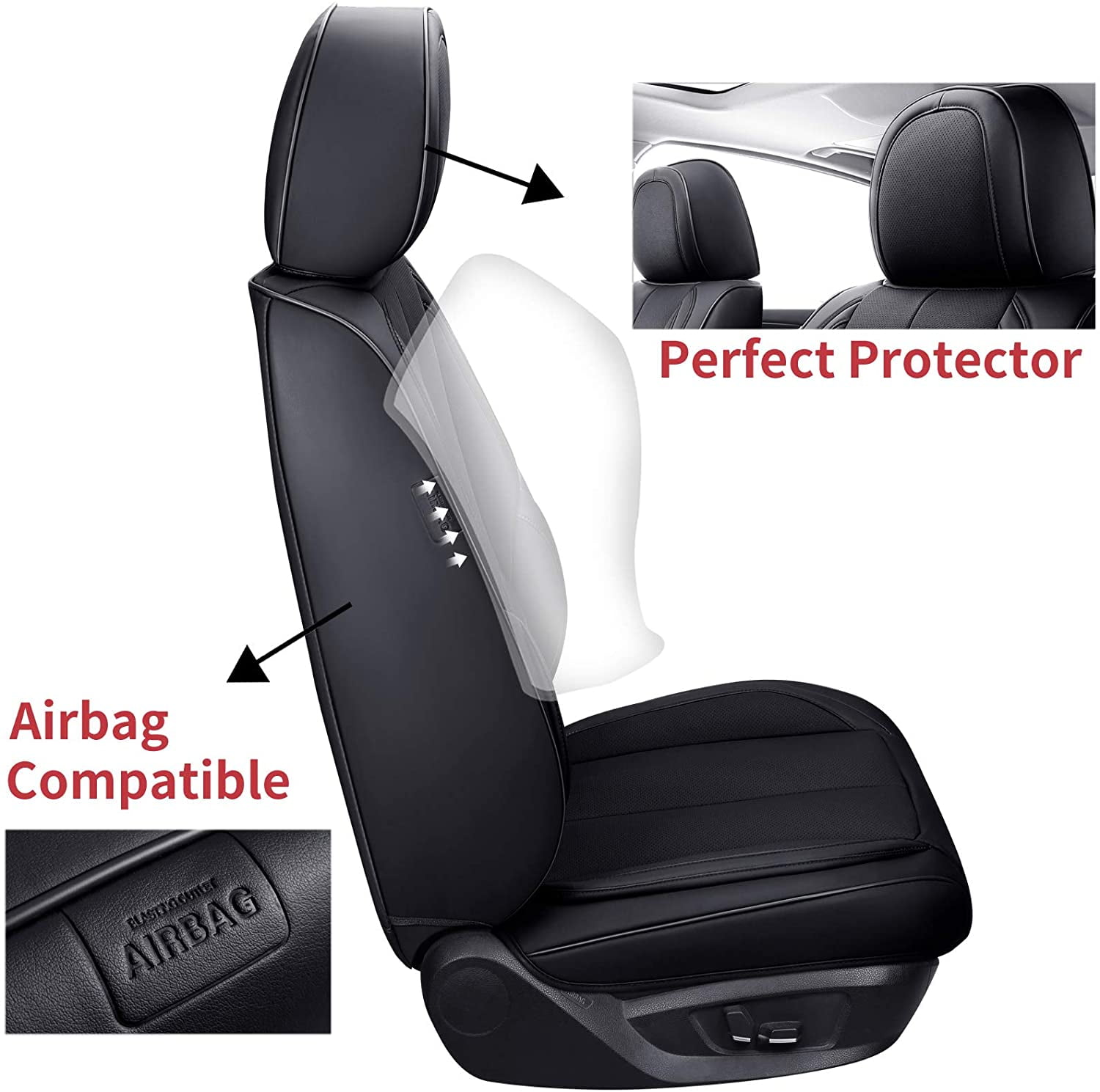 Coverado Black Car Seat Covers Full Set, Waterproof Premium Leather Front and Back Seat Protectors, Luxury Auto Interior Accessories, Universal Fit Most Cars Sedan SUVs Pick-up Trucks