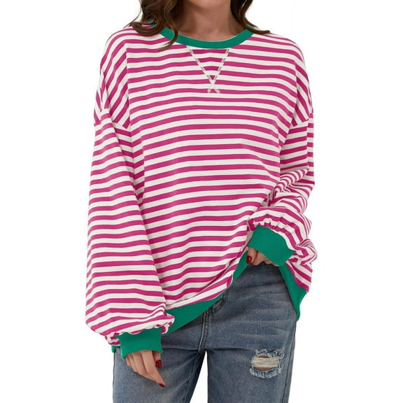 Bestseller Women's Oversized Casual Striped Comfortable Lounge Wear Lantern Sleeve Thick  Sweatshirt Pullover