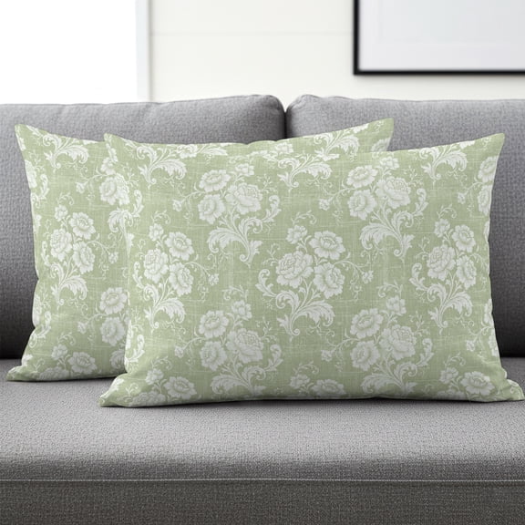 Set of 2 Green Damask Floral Pillow Covers 12x20 Inch, Vintage Rose Flowers Leaves Pastoral Decorative Throw Pillow Cases Cotton Cushion Covers for Sofa Couch Bed Living Room Bedroom Home Decor