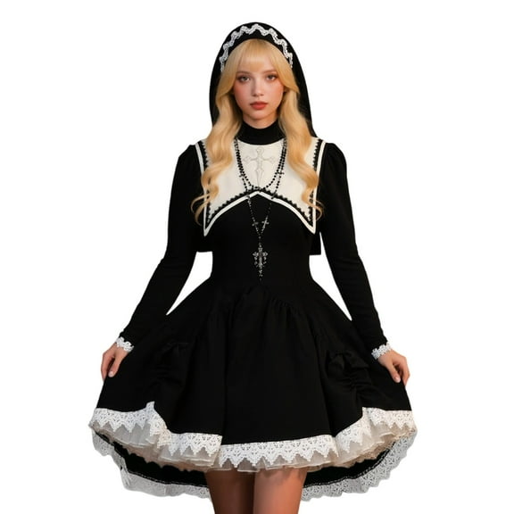 FINALGANG Women Elegant Dress Print Long Sleeve Stand Collar Lace Trim Gothic Dresses Halloween Party Nun Perform Clothing Skin Friendly Relaxed Fit Activewear