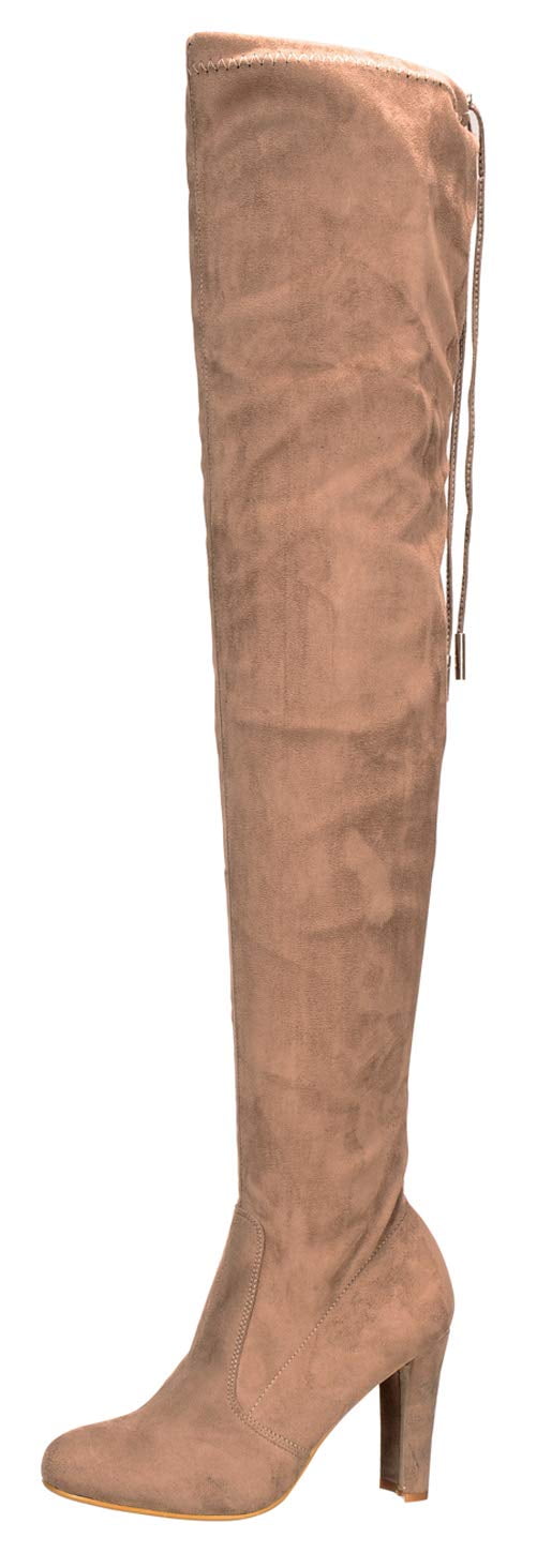 Womens Stretchy Thigh High Pull String Chunk Heel Combat Boots (8.5, Taupe Suede)
