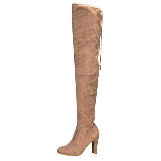 Womens Stretchy Thigh High Pull String Chunk Heel Combat Boots (8.5, Taupe Suede)
