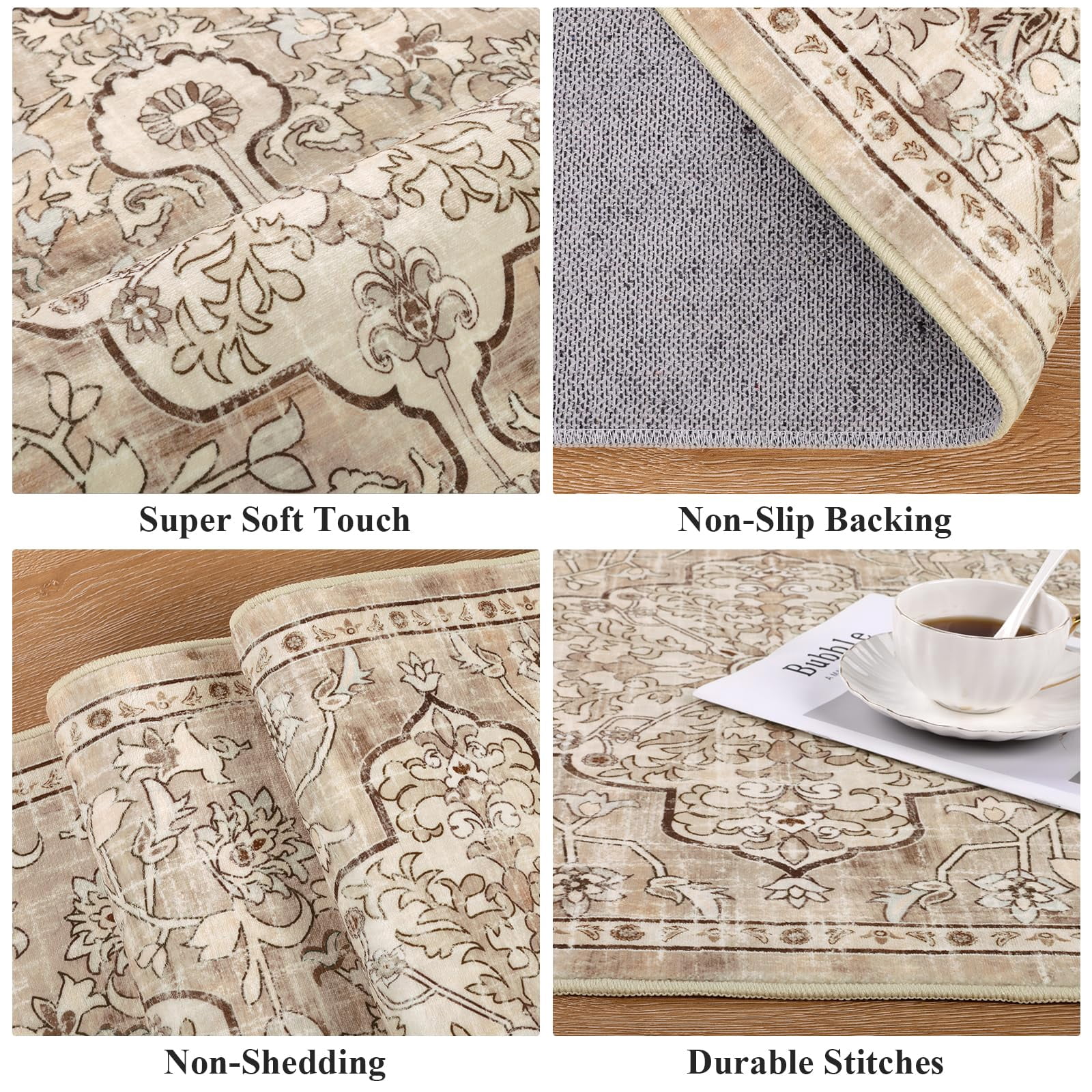 Findosom 2'x10' Vintage Runner Rug 0.4" Distressed Hallway Rug Non Slip Laundry Runner Rug Decor Rug Washable Runner Rug Kitchen Floor Mat Entryway Rug Runner for Laundry Kitchen Entryway,Beige