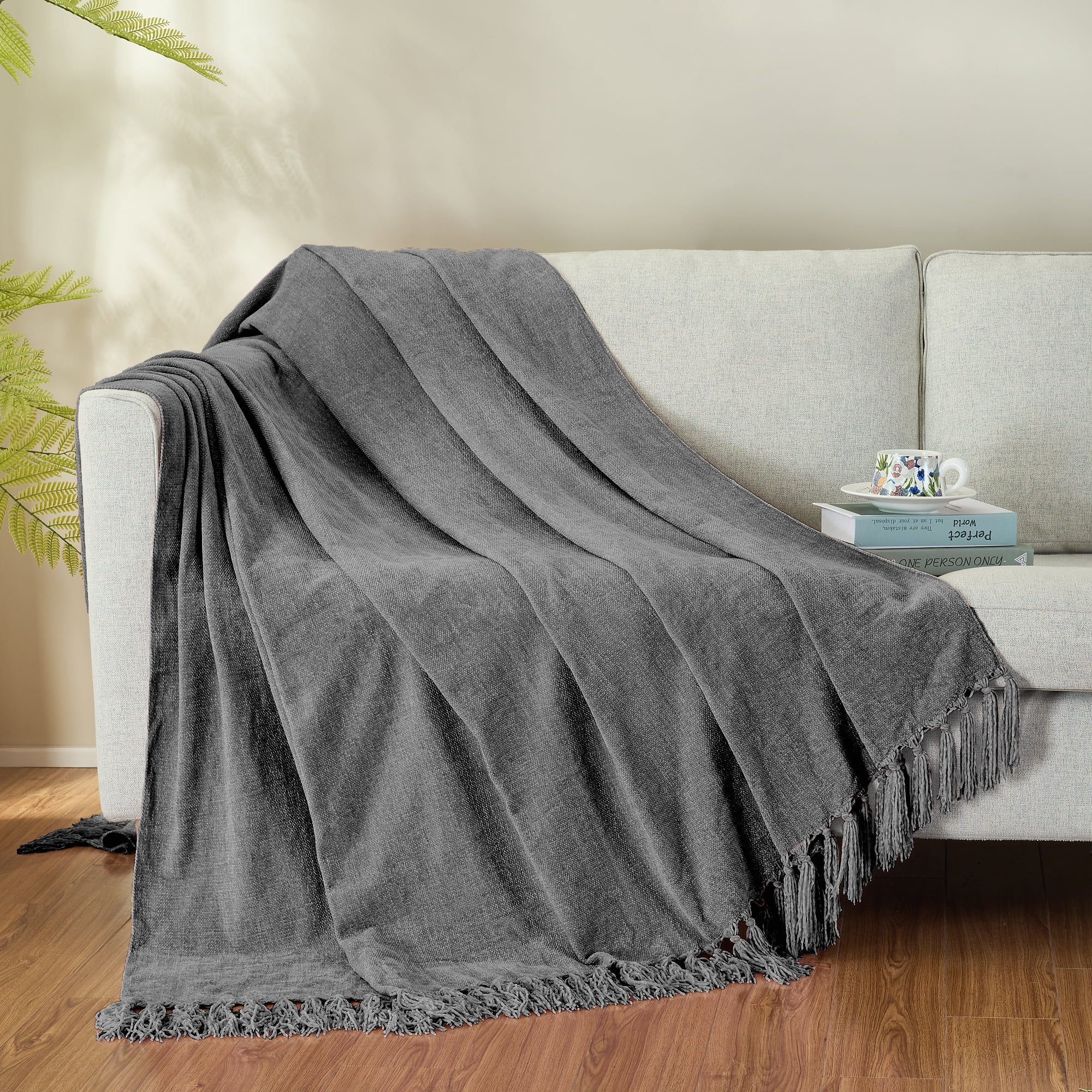 LONG CREATE Chenille Throw Blanket with Fringe Tassel for Couch Sofa Chair Bed, Dark Grey 50" x 70"