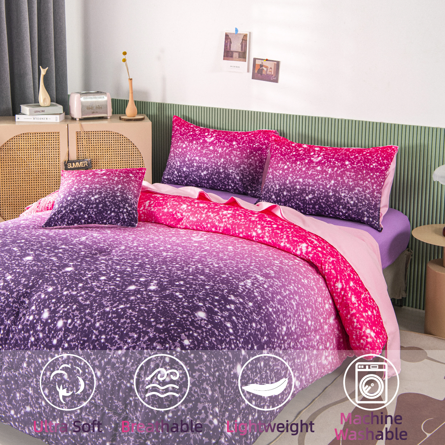 PERFEMET 6 Pieces Pink Purple Full Size Comforter Set Glitter Star Ombre Galaxy Printed Bedding Set Soft Microfiber Bed in a Bag for Kids Teens Girls (Purple,Full)