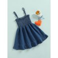 thumbnail image 3 of Baby Girls Casual Summer Dress Solid Color Off-the-shoulder Spaghetti Strap Denim Dress, 3 of 8