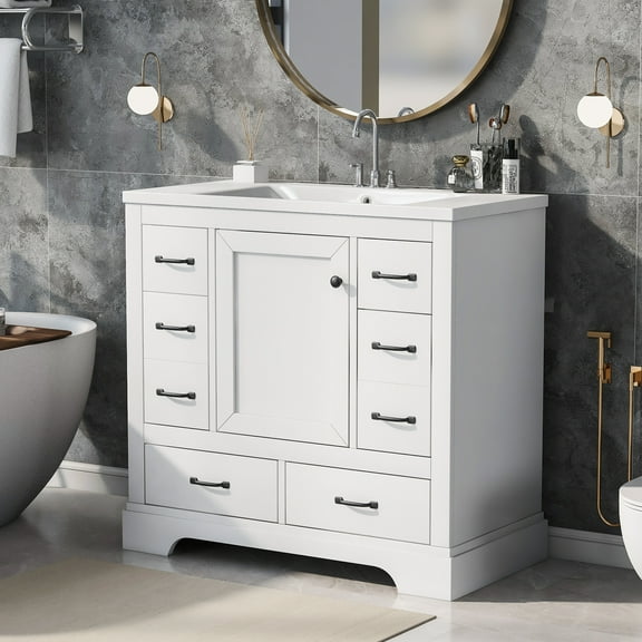 36" Bathroom Vanity Without Sink, 6 Drawers Large Storage Spaces, Multi-Functional Drawer Divider, Adjustable Shelf