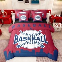 Homewish Baseball Print Kids Bedding Comforter Set 7pcs, Cartoon Ball Game Queen Bedding Sets, Modern Sports Theme Reversible Queen Sheet Sets, Crismon Navy Breathable Home Decor