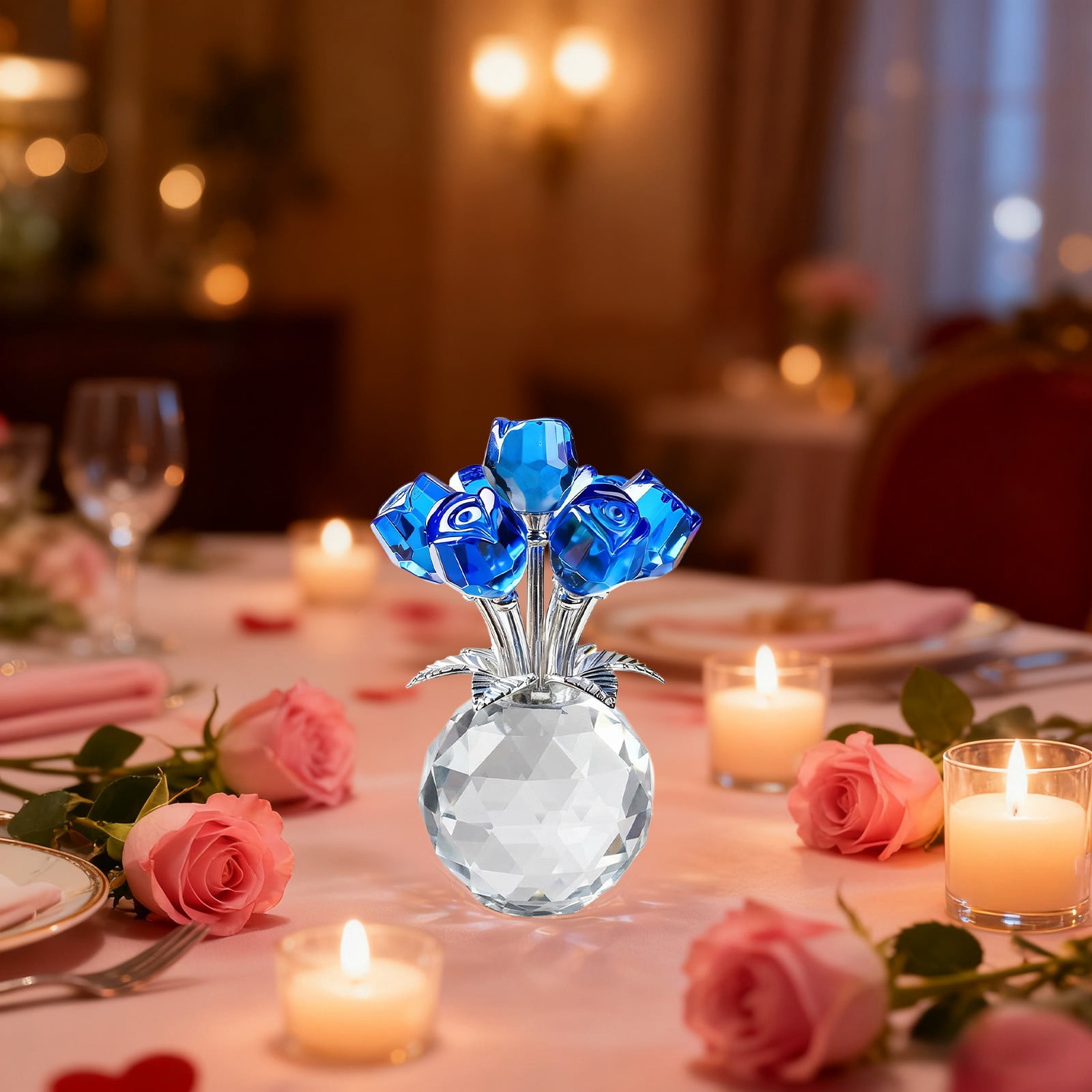 Blue Crystal Glass Rose Bouquet Decorative Ornament Blue For Home Table Shelf Wedding Anniversary Decor