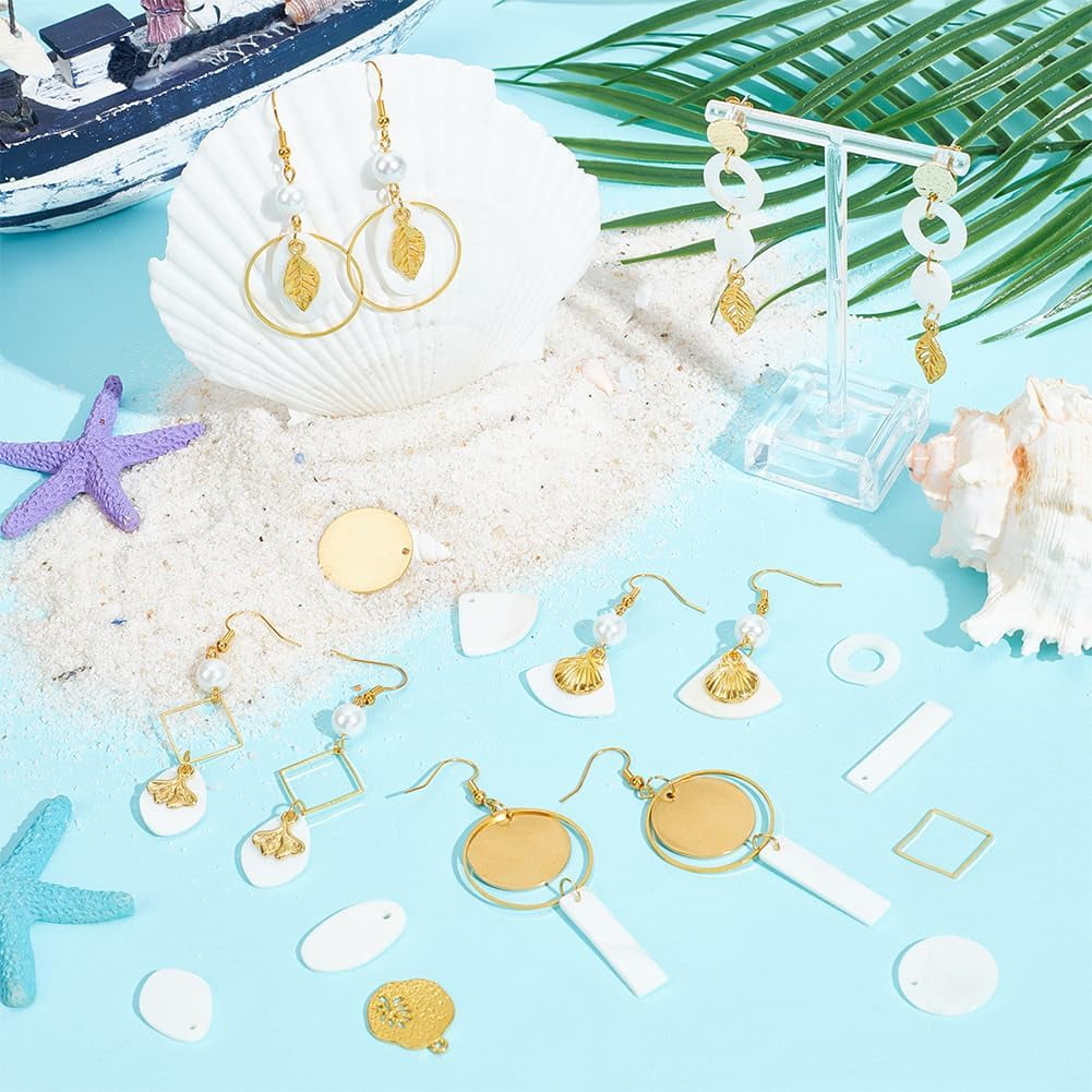 1set Shell & Alloy Dangle Earring Making Kits Mixed Shapes Seashell color 6~30x4~23.5x1~3mm Hole: 1~1.5mm