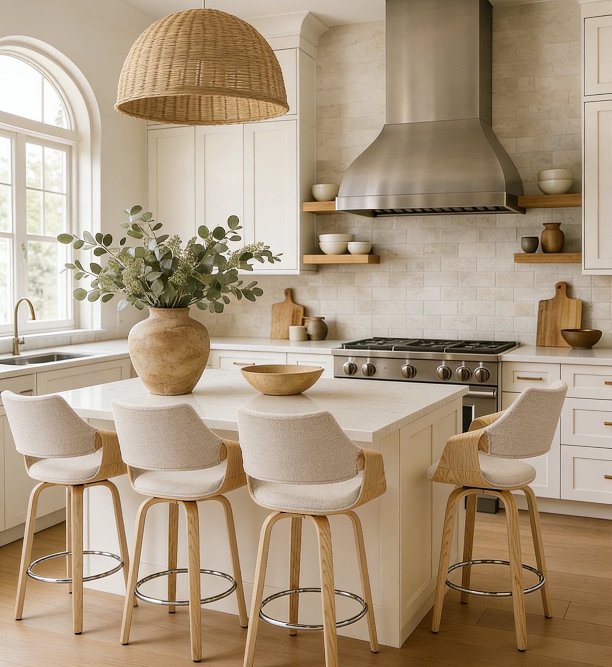 Guyou 26" Swivel Counter Stools Set of 2, Modern Barrel Chenille Kitchen Island Stools, Farmhouse Solid Wood Counter Height Barstools, Bar Height Island Chairs with Back and Wood Frame, Beige