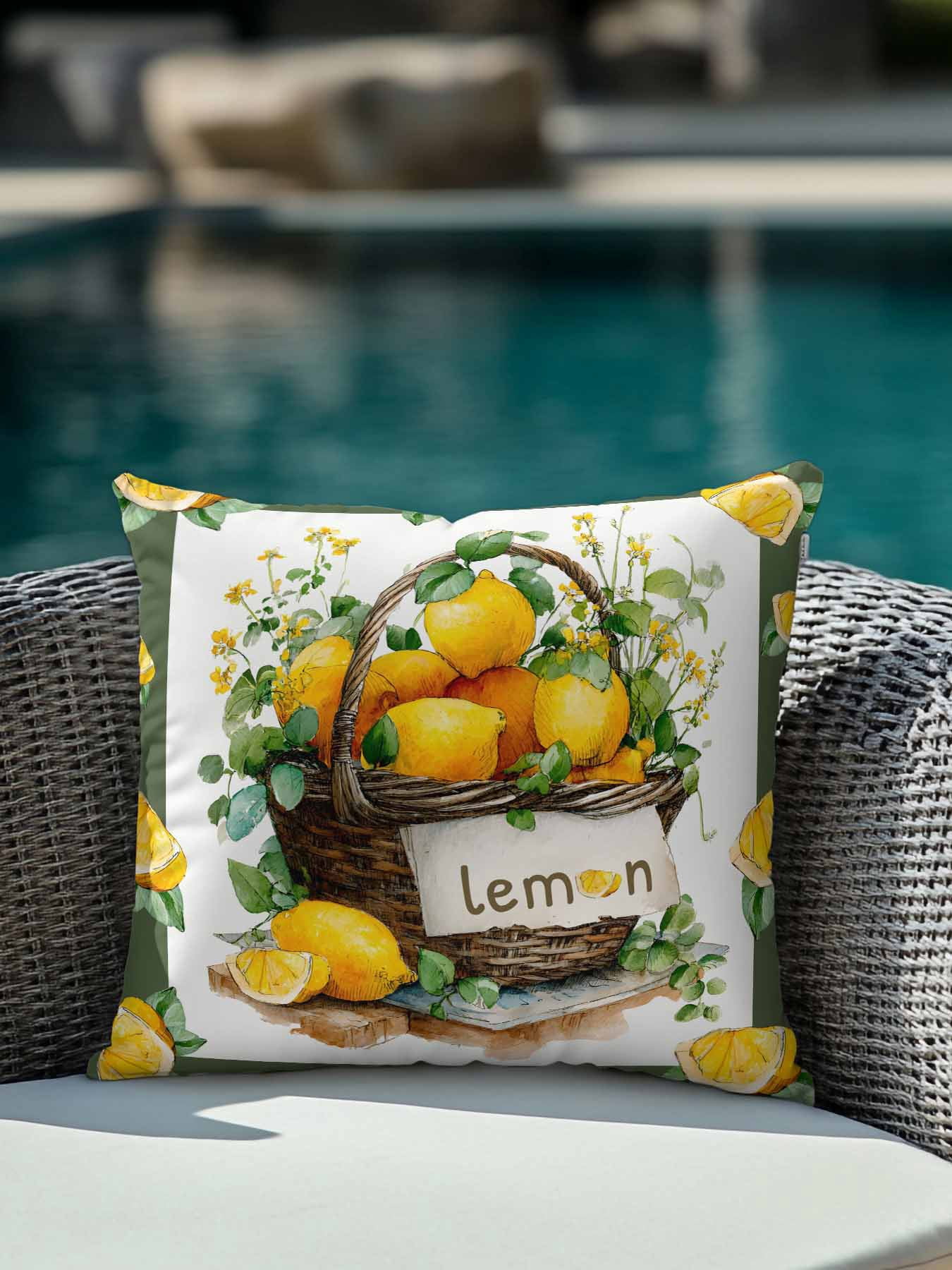 1 Pack Outdoor Pillows Waterproof, Lemon Basket Summer Indoor/Outdoor Throw Pillows with Inserts, Farmhouse Green Lace Eucalyptus Decorative Pillow for Patio Furniture Chairs Couch