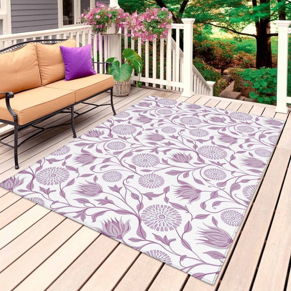 Purple Flowers Outdoor Rug for Patio/Deck/Porch, Non-Slip Large Area Rug 6 x 9 Ft, Vintage Country Plants Floral Herbs Indoor Outdoor Rugs Washable Area Rugs, Reversible Camping Rug Carpet Runner
