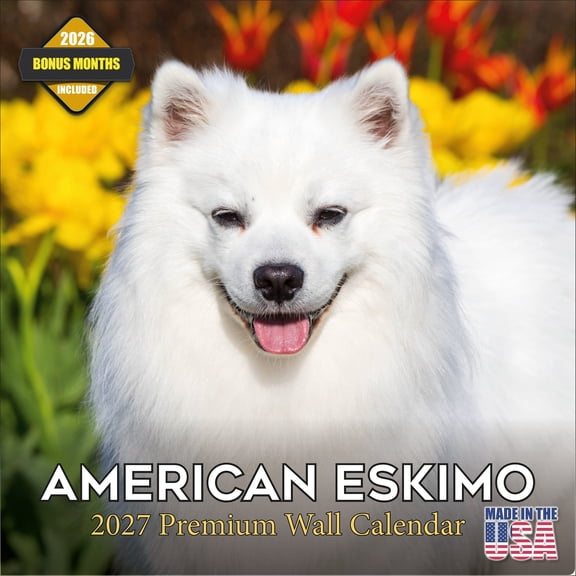 MegaCalendars 2026-2027 American Eskimo Wall Calendar, 12x12 Bonus Month Monthly Planner, Made in USA