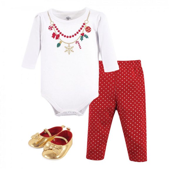 Little Treasure Baby Girl Cotton Bodysuit, Pant and Shoe 3pc Set, Christmas Necklace, 0-3 Months