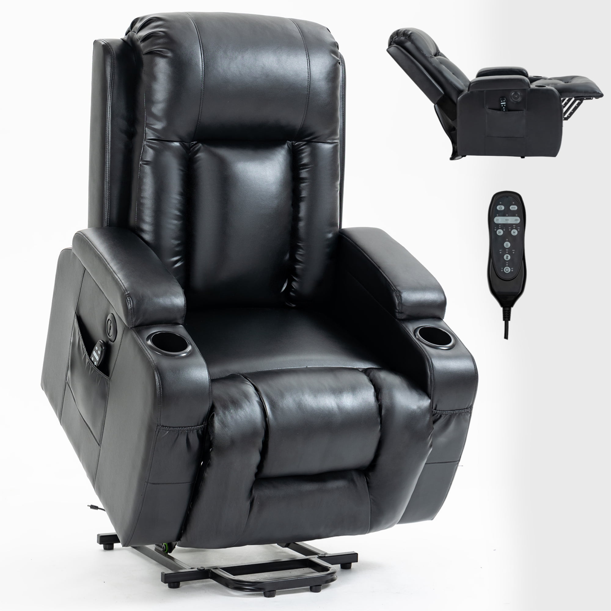 Power Lift Recliner Chair for Elderly,Heavy Duty Infinite Position Recliner Chair with 8-Point Vibration Massage and Lumbar Heating,USB Charging Port, Cup Holders,Black