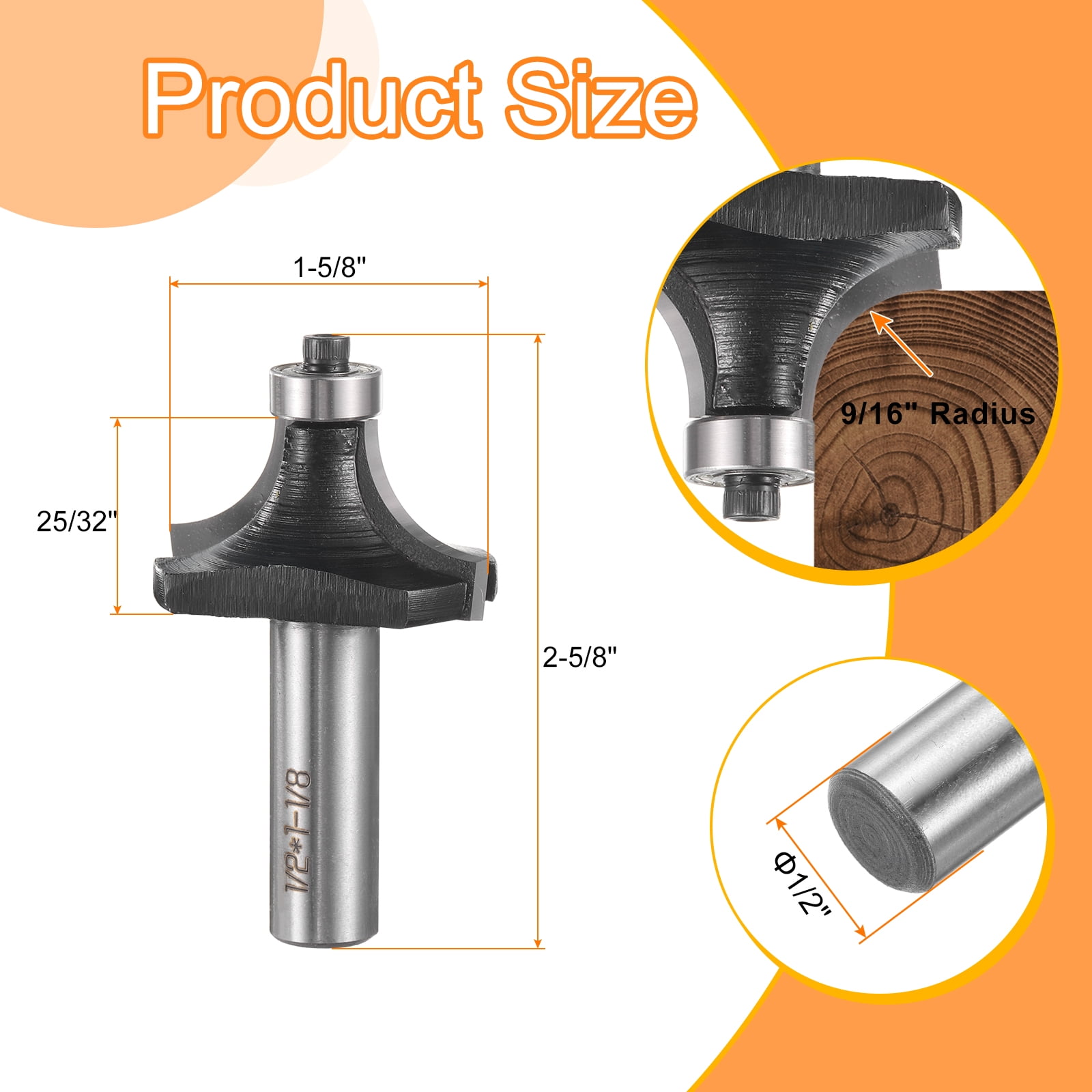 Uxcell Roundover Router Bit 1/2 Shank 9/16" Radius Alloy Steel Tip with Bearing Black