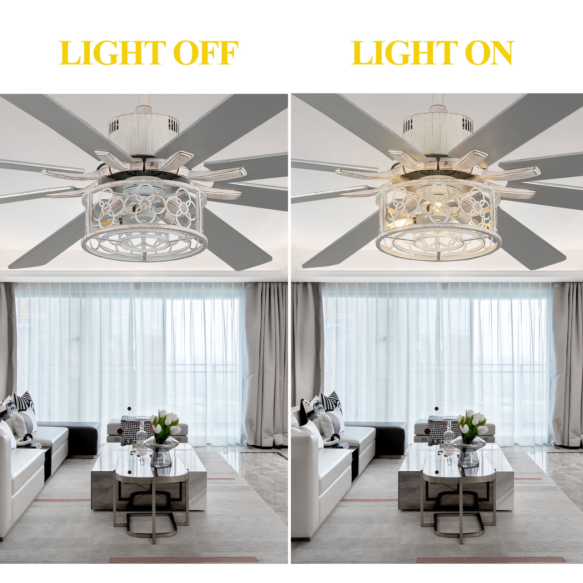 Chords Attic 72" Reversible 8-Blade Ceiling Fan with LED Lights, Remote 3-Color, 6-Speed and Timer