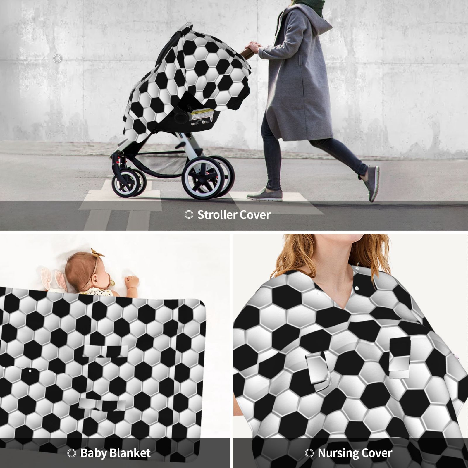 Car Seat Cover Baby - Soccer football black white print Breathable Infant Car Seat Cover for Baby Carseat, Lightweight Comfort Baby Essentials Must Haves Newborn Stuff for Girl Boy