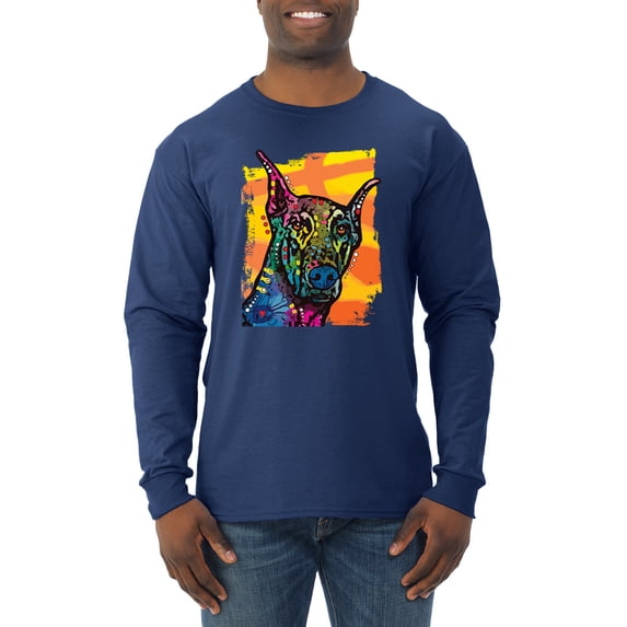 Cute Colorful Rainbow Doberman Dog Dog Lover Mens Long Sleeve Shirt, Navy, Large