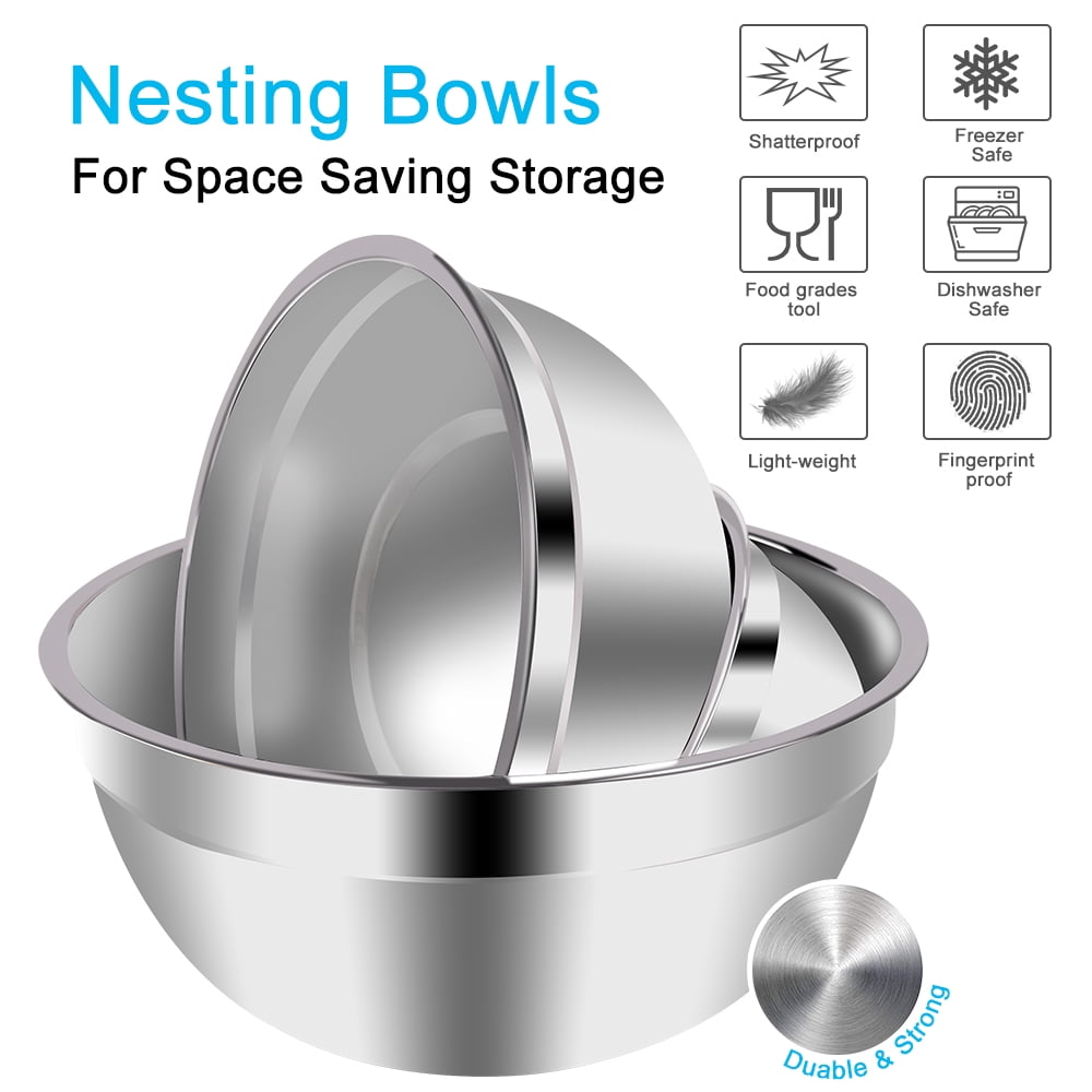 Mixing Bowls with Lids Set, 23 Pcs Kitchen Utensils Stainless Steel Nesting Bowls, Measuring Cups Spoons, 12 Reusable Silicone Stretch Lids Non-Slip Mat Egg Whisk for Baking Cooking by Kosbon