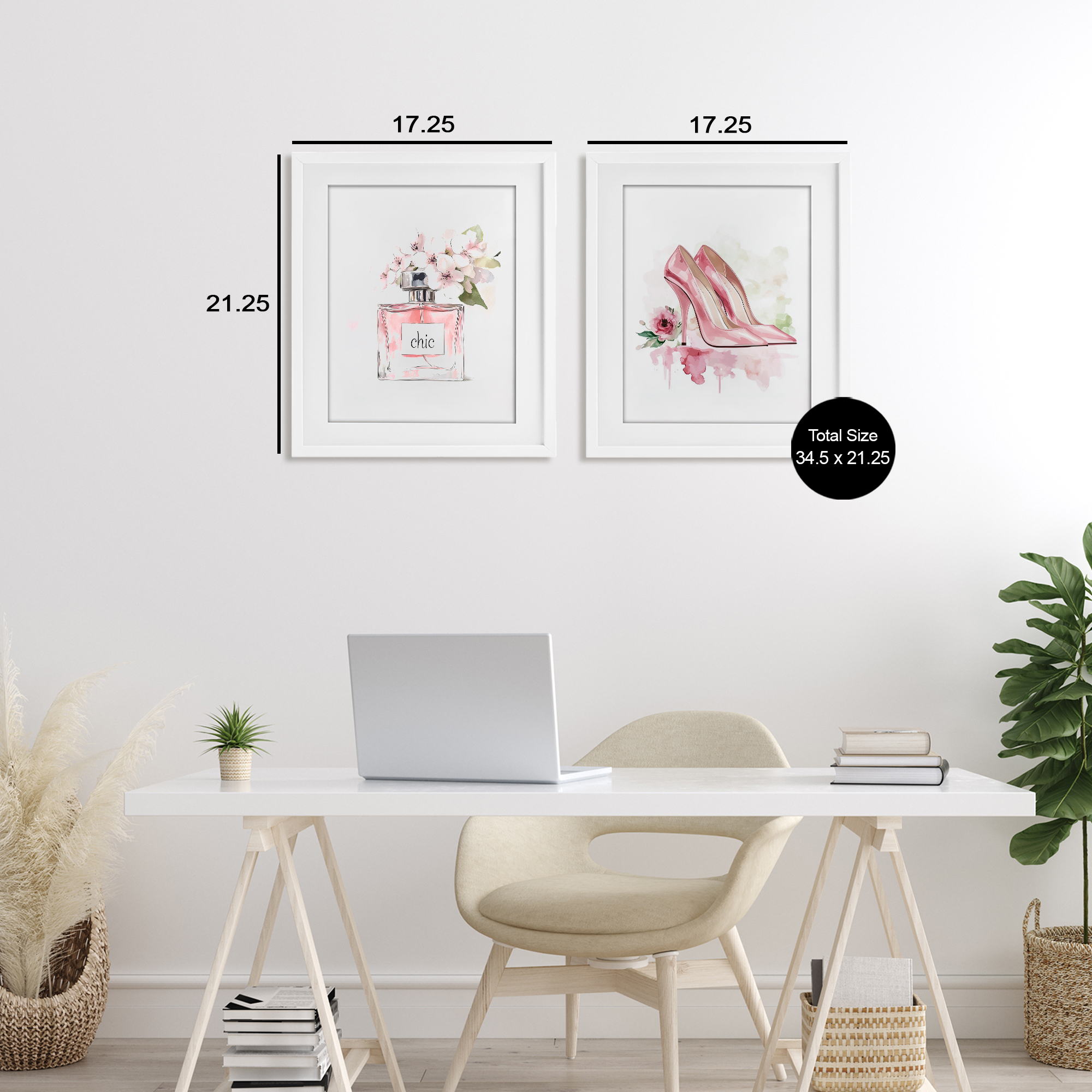 Rosy Pastel Perfume & Heels 2 Piece White Framed Print Under Glass Set, design by Christine Simpson Art