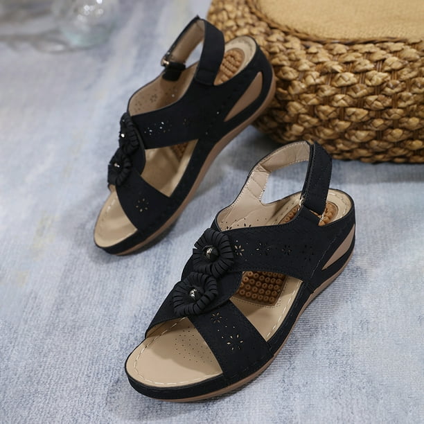 Sandalias de cuña para mujer, cómodas para exteriores, con soporte para el arco del pie (negro 38)