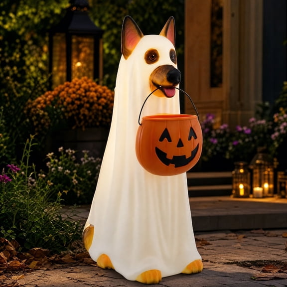 LED German Shephard with Pumpkin Blow Mold Halloween Statue, Light Up Ghost Dog With Candy Bucket, Waterproof Resin Outdoor Yard Decor, Front Porch Garden Fall Holiday Decoration, White